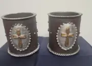 2 Leather Look Shed Western Crosses Tea light Candle Holder Crosses Cup holder