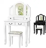 ALFORDSON Dressing Table and Stool Chair Set with 3-Panel Foldable Mirror, Makeup Vanity Desk with Caskets & Drawers, Dresser Organiser for Women Bedroom Dress Room, White Colour