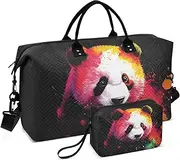 [ZRYSMY] Panda Colorful Black Duffel Bag for Traveling, Travel Bag Gym Bag, with Multiple Interior Pockets Shoulder Weekender Bag for Women Men with Toiletry Bag 20.5L x 1.9W x 13.8H, Multi-Colored, one