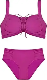 [FP DE POWER FLOWER] Women's Plus Size Swimwear with Tummy Control, Push-Up Bikini Top and High Waisted Panties, Two Piece Plus Size Set, Th302-purple, L