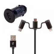 Laser 2.4A USB Car Charger w/ 3in1 Charging Cable 50cm For iPhone/Samsung Black