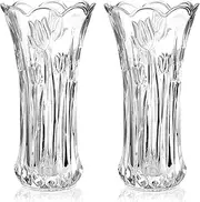 [Dicunoy] Set of 2 Glass Flower Vase, 9.5" Large Flower Vases for Centerpieces, Modern Clear Heavy Duty Crystal Tall Cylinder Flared Vase for Rose Bouquet, Home, Wedding, Living Room, Office