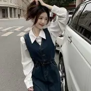 Long-Sleeve Plain Shirt / Denim Midi A-Line Overall Dress with Belt Shirt - White - S