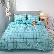 Blue Plaid Print Bedding Set King,Geometry Theme Duvet Cover Modern Nordic Quilt Cover Soft Sky Blue Lining Quilt Cover Set Home Bedroom Decor for Kids Adult Teen,Queen(210x210cm)