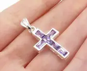2Ct Emerald Simulated Amethyst Holy Cross Pendant 14K White Gold Plated Silver