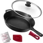 Cast Iron Skillet with Lid - 12"-Inch Frying Pan + Glass Lid + Heat-Resistant Ha