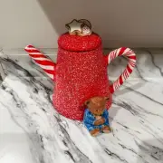 Hallmark Christmas Red Peppermint Stick Teapot with Teddy Bear