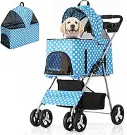 MoNiBloom 3 in 1 Foldable Pet Stroller for Small & Medium Dogs, Detachable Carrier, Car Seat, Push Button Entry, 4-Wheel Jogger for Pets up to 33 lbs, Sky Blue Polka Dots