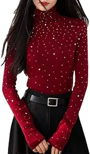 [Generic] Women's Solid Color High Neck Rhinestone Slim Fit Long Sleeved Pullover Top, Red Christmas Waistband Knit Top