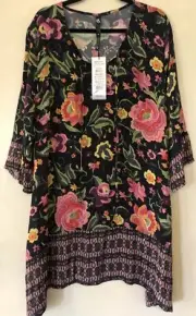 taking shape 18 Black Floral Border Print Sequin Trim 3Q Slv Tunic NWTGS