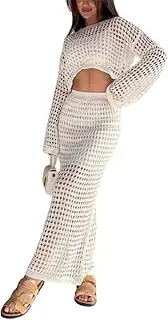 [Ponitrack] Two Piece Sets Hollow Out Long Sleeve Crop Tops Crew Neck Sexy Tops for Women Hollow High Waist Maxi Skirt