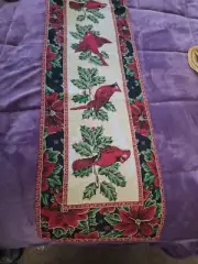 Christmas Table Runner Cardinal Poinsettia Tapestry Red Green Gold 72" x 13"
