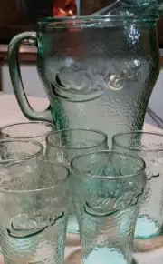 Vintage Coca-Cola Green 64oz Pebbled Glass Pitcher 6 Matching 4" Glasses