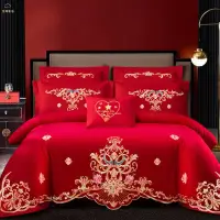 在飛比找蝦皮購物優惠-「雲棉」大紅色婚慶親膚棉四件組 床裙組 結婚必備大紅床包 婚