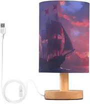 [YXYZRMY] Table Lamp Sunset Ship Sea for Bedroom Living Room Desk Lamp with USB Port Nightstand Lamp with Round Flaxen Fabric Shade for Dorm Home Office LED Bulb Included