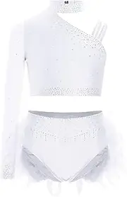 [Choomomo] Kids Girls Dance Outfits 2-Piece Rhinestones Crop Top and Ruffles Feather Skirt Set Dancewear