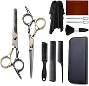 Hair Cutting Scissors Set, 11 PCS Professional Haircut Scissors Kit with Cutting Scissors, Thinning Scissors, Comb, Cape, Clips, Black Hairdressing Shears Set for Barber, Salon, Home