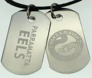 PARRMATTA EELS NRL MENS DOUBLE DOG TAG S/S LEATHER NECKLACE JEWELLERY