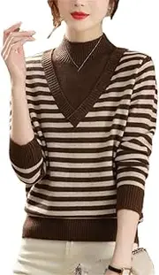 [Generic] Women's Half High Collar Patchwork Knitted Tops Vintage Striped Fake Two Pieces Sweaters Winter Warm Basic Sweater