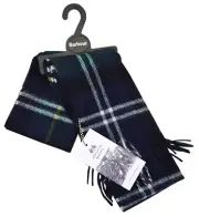 BARBOUR Cordovan Blue White Green Check Tartan Soft 100% Lambswool Tassel Scarf
