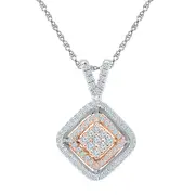 10k Two-tone Gold Round Diamond Offset Square Pendant 1/4 Cttw