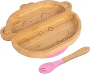 2pc Pink Bamboo Monkey Baby Weaning Plate & Fork Set - Wooden Divided Toddler Kids Food Feeding Tray - Silicone Suction Cup - by Tiny Dining