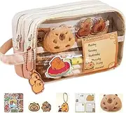 Capybara Pencil Case 8.3x5 Inch, Kawaii Zippered Pouch with Clear Window & Compartments for School Supplies (Beige)