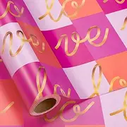 LeZakaa Valentine's LOVE Wrapping Paper Roll, Golden Love Words & Pink Red Checkered Pattern for Valentine's Day, Wedding, Engagement, Party, Bridal Shower, Anniversary -17 inches x 32.8 Feet