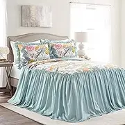 Lush Decor Sydney Bedspread Set - Charming & Colorful Floral Leaf Design - 3 Piece Elegant Ruffle Skirt Bedding Set with Shams - Queen, Blue & Yellow