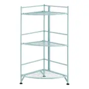 Pemberly Row Three-Tier Folding Metal Corner Shelf with Seafoam Blue Metal Frame