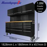 1.8M Mobile Workbench Toolbox Tool Trolley Cabinet Black Powder Steel Pegboard