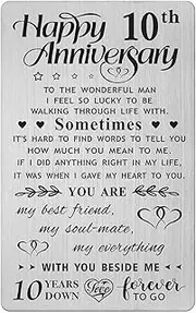 10th Wedding Anniversary Card Gifts for Him Husband, Happy 10 Year Anniversary Card Presents for Men, Metal Engraved Wallet Card