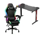 ADVWIN Gaming Desk and Gaming Chair with Massagers and LED Lights 135° Recline, Black