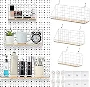 Roowest 3 Sets Metal Pegboard Shelves with Steel Peg Board Brackets and Hooks Wall Organizer Storage Display Tray Accessories for Craft Room Home Office Garage Nursery Workbench Kitchen(White)
