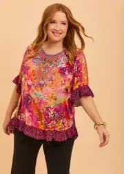 [TS] Taking Shape Salsa Ruffle Natural Top Size 16 in Orange Print, Viscose - Plus Size Women's Tops & T Shirts Orange Print