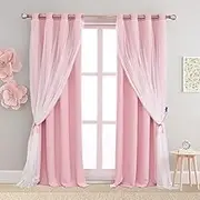 SOFJAGETQ Short Pink Curtains 63 Inch Long- Blackout Curtains with Voile Sheer Drapes Thermal Pink Window Treatments with Tie-Backs for Kids/Girls Bedroom Nursery Living Room, Elegant, 2 Panels