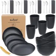 28PCS Wheat Straw Dinnerware Sets for 4, Kitchen Wheat Straw Plates and Bowls Se