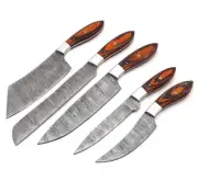 Custom Handmade Damascus Steel Camp Five Pieces Fixed Blade Kitchen Chef Knife