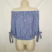 New Tempted Los Angeles Blue/White Gingham Check Floral Off Shoulder Crop Top L