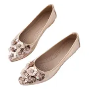 Nevenka Women Flat Shoes Flower Rhinestone Sparkly Slip Ons Shoes-Gold1