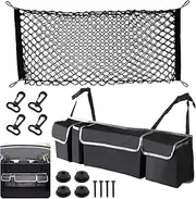 Mardatt 14Pcs Car Storage Accessories Includes Adjustable Elastic Mesh Cargo Nets, Hooks, Screws and Collapsible Trunk Organizer with Compartments for Universal Vehicle
