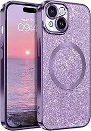 GaoBao Magnetic for iPhone 15 Case, Slim Fit iPhone 15 Case [Compatible with MagSafe] Luxury Sparkle Full Body Protective Women Girls Shiny Phone Cases Covers for iPhone 15 6.1 inch, Purple Glitter