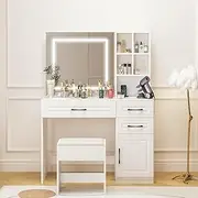 Ufurniture Dressing Table Set, HD Lighted Mirror Vanity Desk with Power Outlet and LED Strip 3-Color Adjustable Makeup Mirror with Drawers & Cabinet for Bedroom & Dressing Room