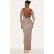 Mushroom Double Layer Deep Back Maxi Dress, Mushroom