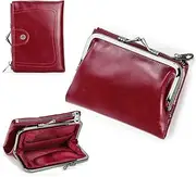 [CONTACTS] Contact's Ladies Kiss Lock Wallet Leather Small Zipper Coin Purse for Women Red Bifold RFID Clasp Wallet Card Holder with Photo Window