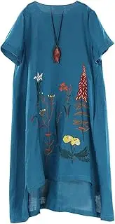[Minibee] Women's Embroidered Linen Dress Summer A-Line Sundress Hi Low Tunic Clothing