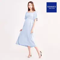 在飛比找momo購物網優惠-【Gennies 奇妮】法式方領收腰洋裝-藍(孕婦裝 雪紡 