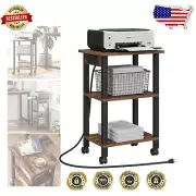 3-Tier Rolling Printer Stand with USB Ports for Office & Home Organization