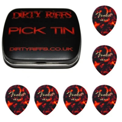 6 x Heavy Fender 347 Celluloid Shell Guitar Picks Plectrums In A Pick Tin