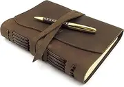 Leather Journal Writing Notebook, A5 Vintage Handmade Leather-Bound Notepads For Men & Women Antique Leather Travel Diary 20x15cm - Unlined Paper Best Gift Note Book Write In Art Sketchbook + Free Pen